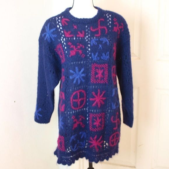 Internationale‎ Handknitted Sweater Dress Blue L - Picture 1 of 9